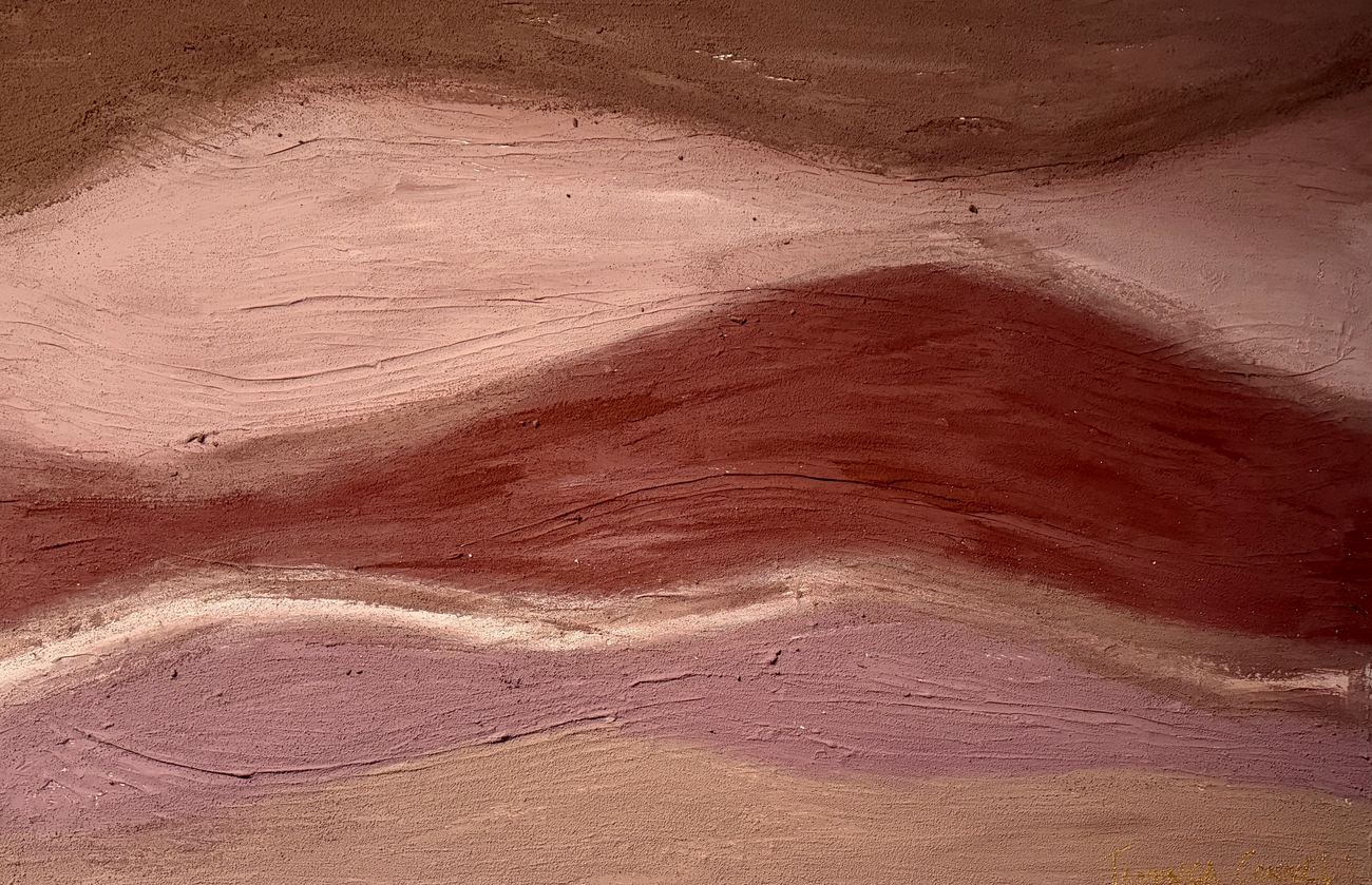 Flow, an original painting by Taminga Connell: broad textured bands of rust, dusty pink and mauve moving across the canvas like country seen from above.