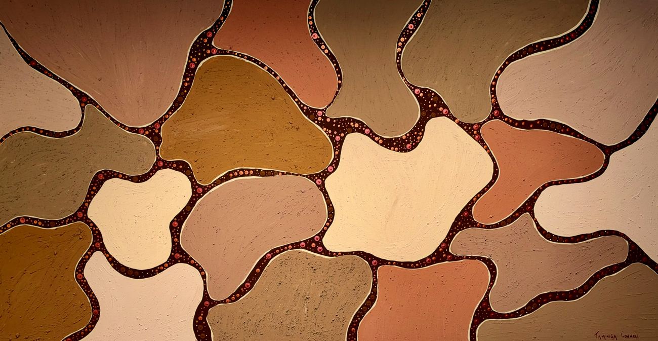 Gija Country, an original painting by Taminga Connell: interlocking fields of ochre, tan and cream divided by dotted red channels.