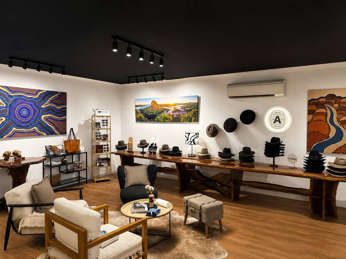 Inside The Kimberley Shop in Kununurra: Akubra hats along a live-edge mahogany bench, original canvases on white walls, linen armchairs and a cowhide rug.