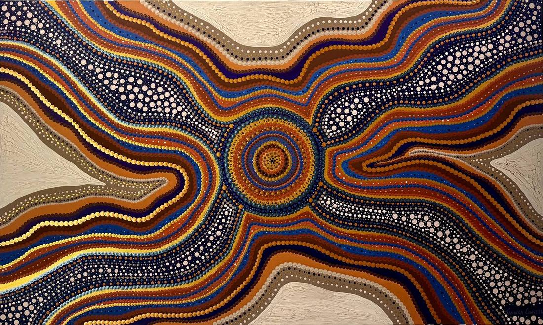 An original painting by Taminga Connell: concentric circles at the centre with dotted bands of ochre, blue and white radiating outward.